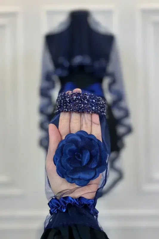 Navy Orchid Bridal Veil Set, Henna Veil Set with Water Stone 6 Pieces-Navy - 4