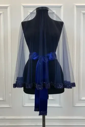 Navy Orchid Bridal Veil Set, Henna Veil Set with Water Stone 6 Pieces-Navy - 6