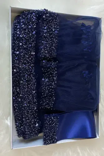 Navy Orchid Bridal Veil Set, Henna Veil Set with Water Stone 6 Pieces-Navy - 8