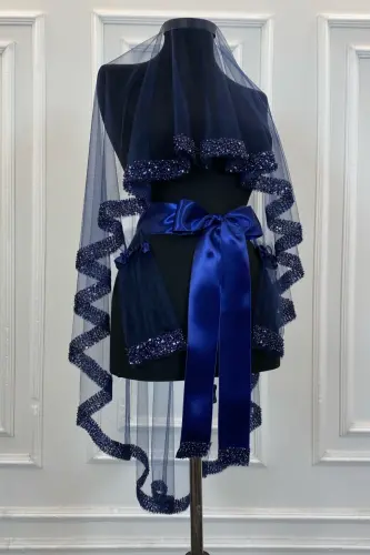 Navy Orchid Bridal Veil Set, Henna Veil Set with Water Stone 6 Pieces-Navy 