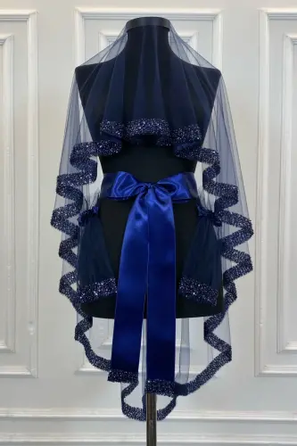 Navy Orchid Bridal Veil Set, Henna Veil Set with Water Stone 6 Pieces-Navy - 2