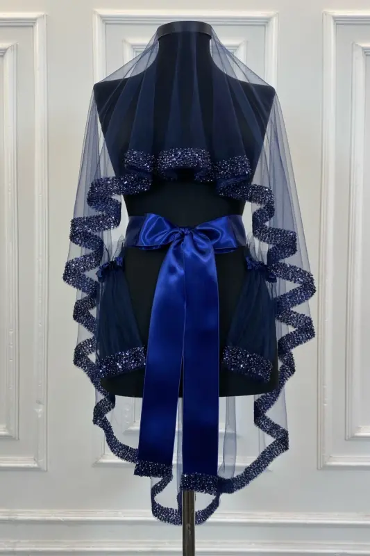Navy Orchid Bridal Veil Set, Henna Veil Set with Water Stone 6 Pieces-Navy - 2