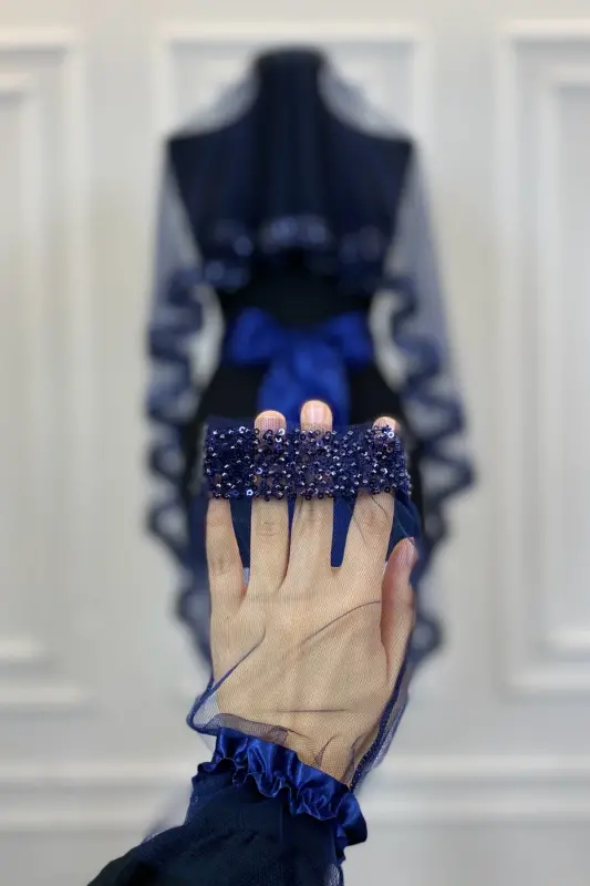 Navy Orchid Bridal Veil Set, Henna Veil Set with Water Stone 6 Pieces-Navy - 5