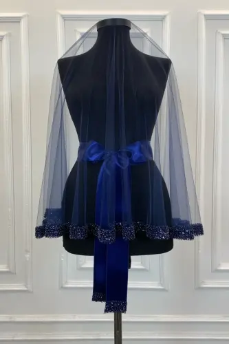 Navy Orchid Bridal Veil Set, Henna Veil Set with Water Stone 6 Pieces-Navy - 6