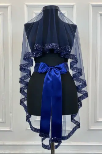 Navy Orchid Bridal Veil Set, Henna Veil Set with Water Stone 6 Pieces-Navy - 7