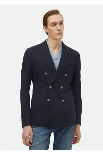 Navy Patterned Shirt Shoulder Slim Fit Cotton Blend Jacket - 1