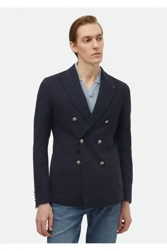 Navy Patterned Shirt Shoulder Slim Fit Cotton Blend Jacket - 1