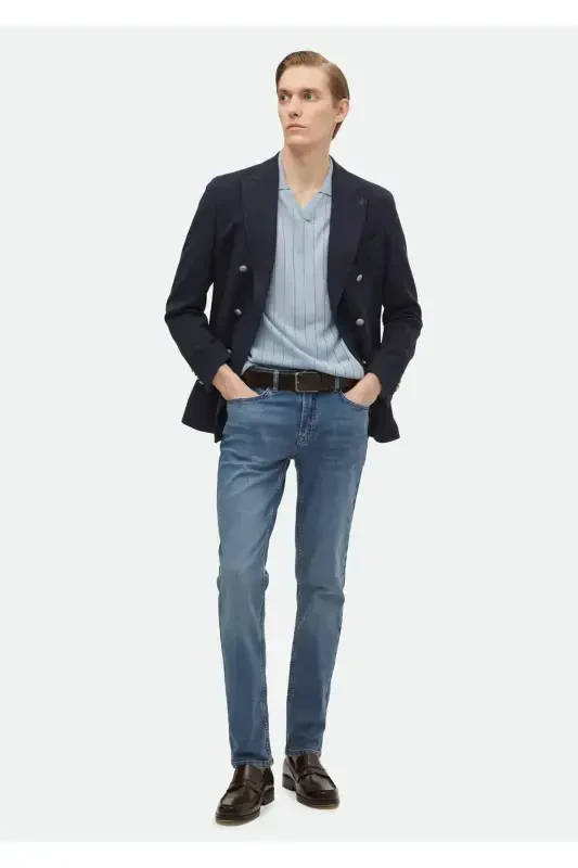 Navy Patterned Shirt Shoulder Slim Fit Cotton Blend Jacket - 2