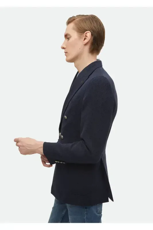 Navy Patterned Shirt Shoulder Slim Fit Cotton Blend Jacket - 3