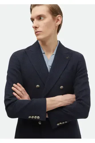 Navy Patterned Shirt Shoulder Slim Fit Cotton Blend Jacket - 4