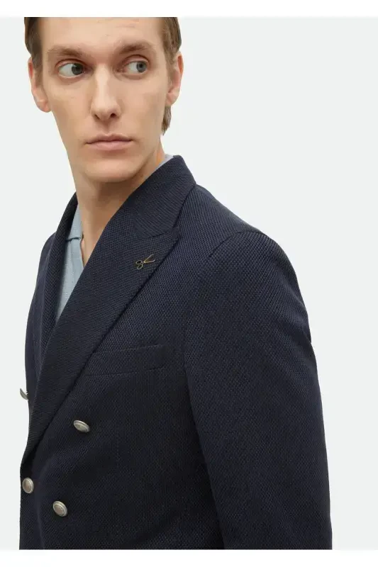 Navy Patterned Shirt Shoulder Slim Fit Cotton Blend Jacket - 5