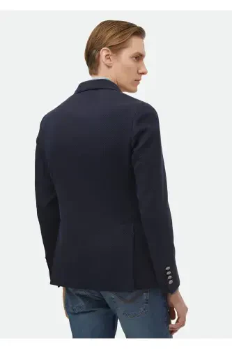 Navy Patterned Shirt Shoulder Slim Fit Cotton Blend Jacket - 6