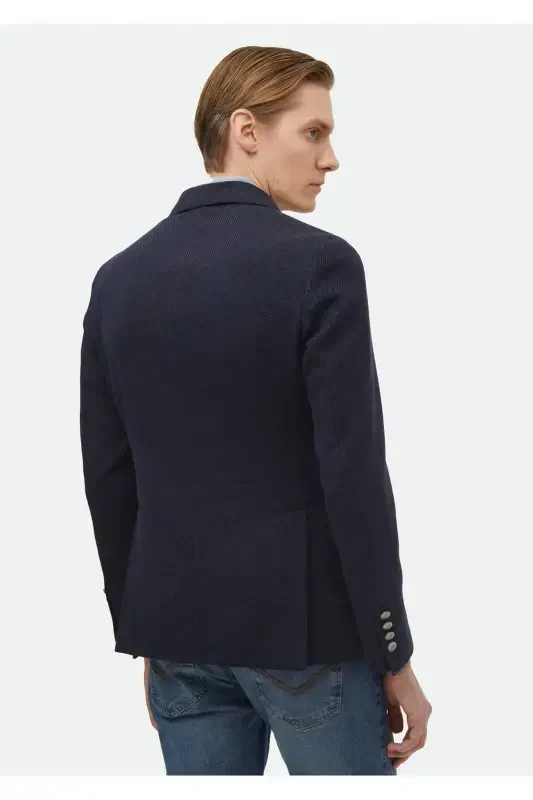 Navy Patterned Shirt Shoulder Slim Fit Cotton Blend Jacket - 6