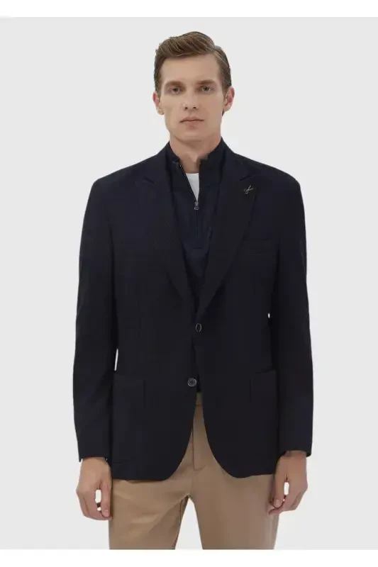 Navy Patterned Shirt Shoulder Slim Fit Wool Blend Knitted Jacket - RAMSEY