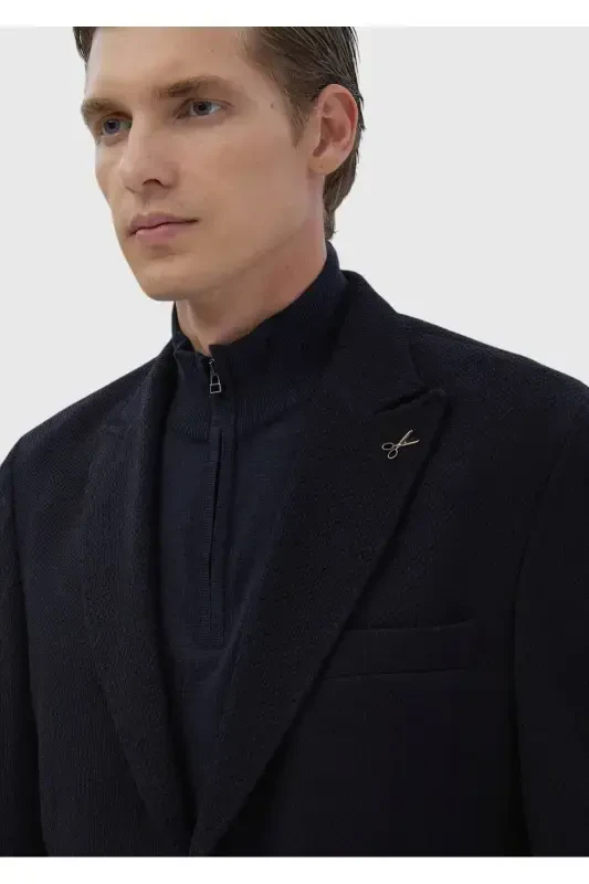 Navy Patterned Shirt Shoulder Slim Fit Wool Blend Knitted Jacket - 5