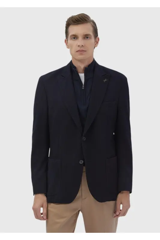 Navy Patterned Shirt Shoulder Slim Fit Wool Blend Knitted Jacket - RAMSEY