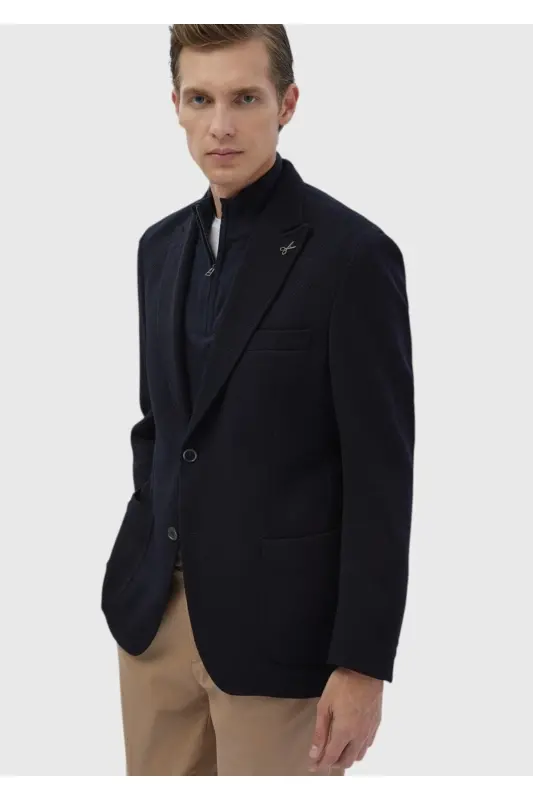 Navy Patterned Shirt Shoulder Slim Fit Wool Blend Knitted Jacket - 3