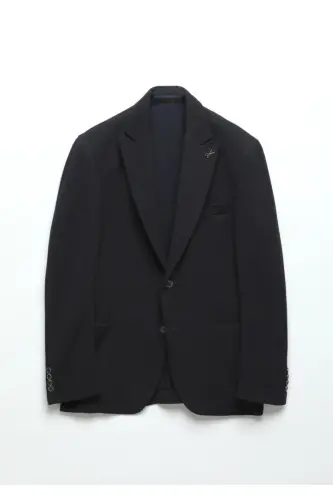 Navy Patterned Shirt Shoulder Slim Fit Wool Blend Knitted Jacket - 7