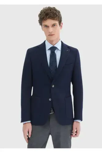 Navy Patterned Shirt Shoulder Slim Fit Wool Blend Knitted Jacket - 3