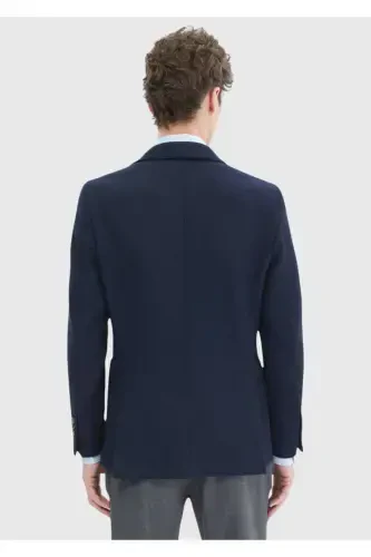 Navy Patterned Shirt Shoulder Slim Fit Wool Blend Knitted Jacket - 7