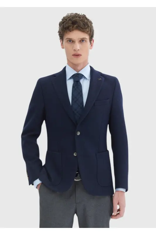 Navy Patterned Shirt Shoulder Slim Fit Wool Blend Knitted Jacket - RAMSEY