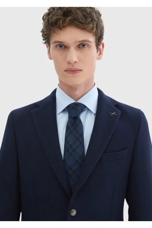 Navy Patterned Shirt Shoulder Slim Fit Wool Blend Knitted Jacket - 4