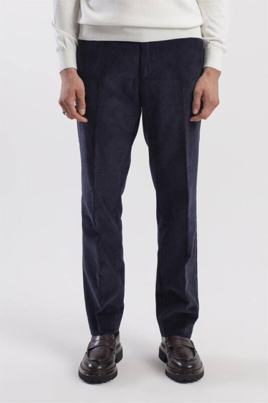 Navy Regular Fit 100% Cotton Velvet Trousers - 1