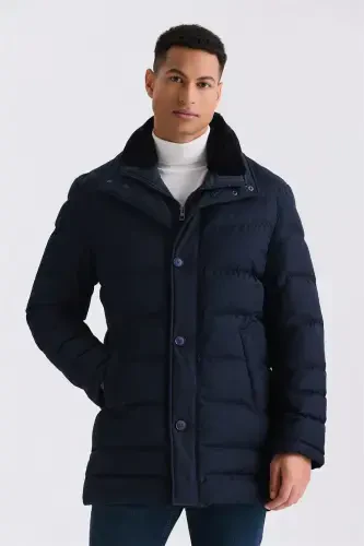 Navy Regular Fit Collar Fur Buttoned Puffer Jacket 