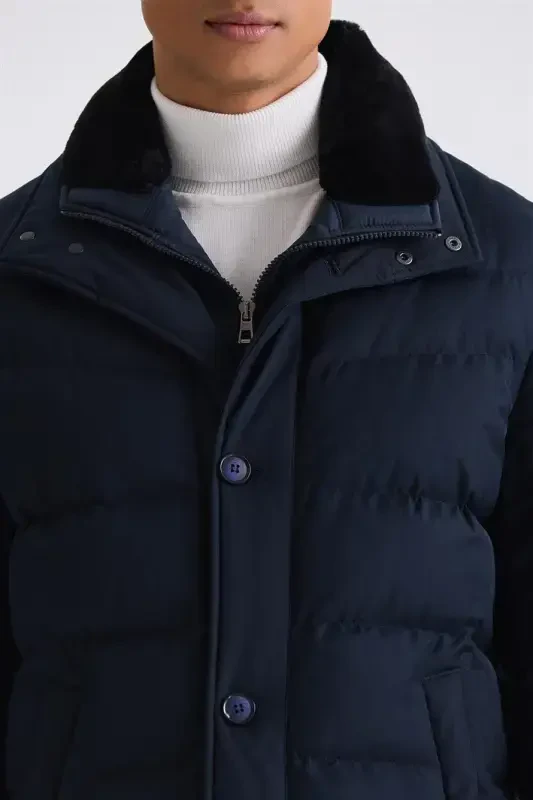 Navy Regular Fit Collar Fur Buttoned Puffer Jacket - 3