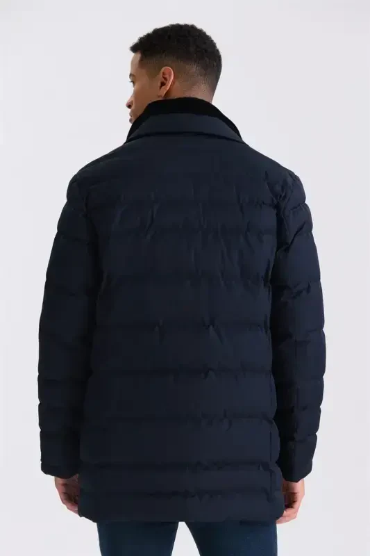 Navy Regular Fit Collar Fur Buttoned Puffer Jacket - 4