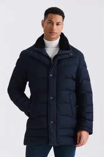 Navy Regular Fit Collar Fur Buttoned Puffer Jacket 