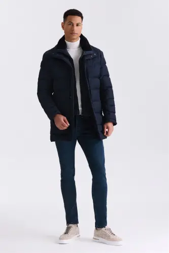 Navy Regular Fit Collar Fur Buttoned Puffer Jacket - Jakamen (1)