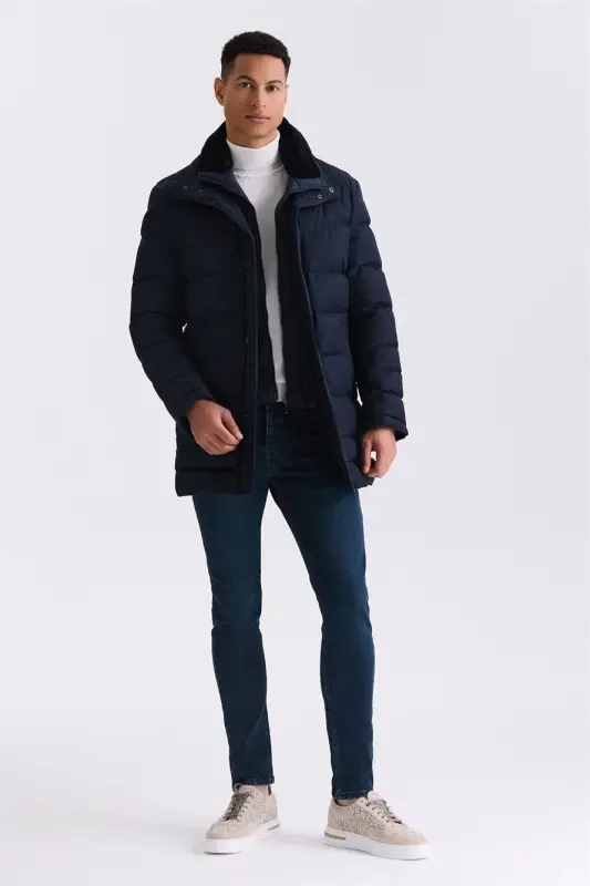 Navy Regular Fit Collar Fur Buttoned Puffer Jacket - 2
