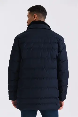 Navy Regular Fit Collar Fur Buttoned Puffer Jacket - 4