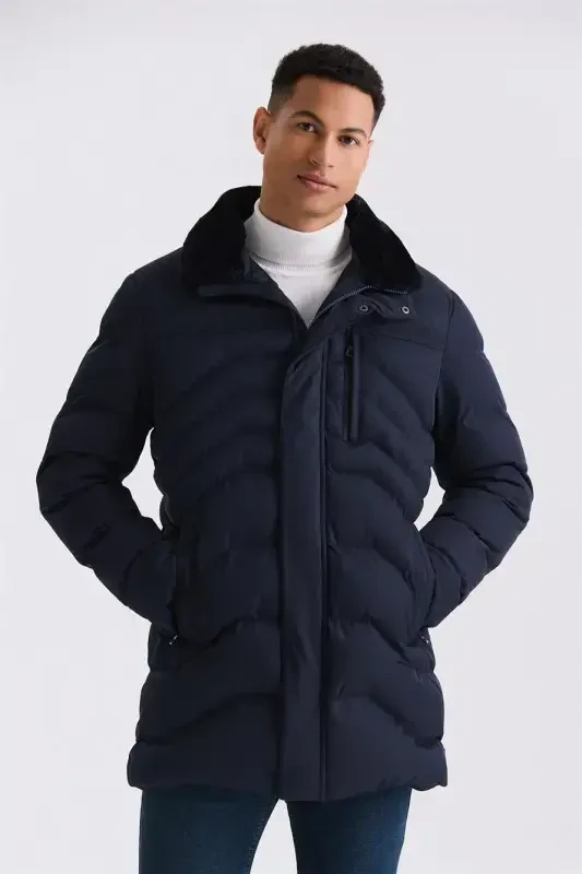 Navy Regular Fit Collared Winter Jacket - JAKAMEN