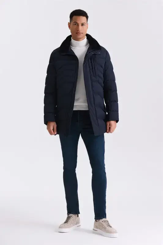 Navy Regular Fit Collared Winter Jacket - 2