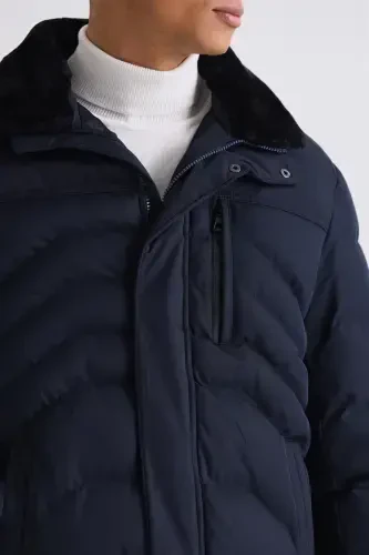 Navy Regular Fit Collared Winter Jacket - 3