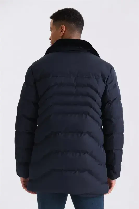 Navy Regular Fit Collared Winter Jacket - 4