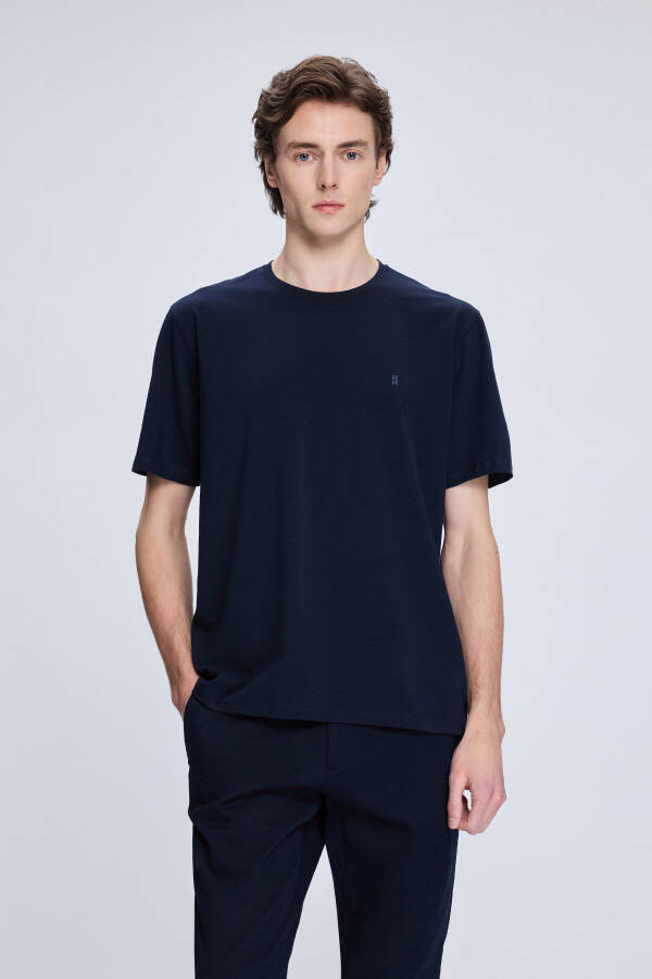Navy Regular Fit Crew Neck Cotton Knit T-Shirt - 1