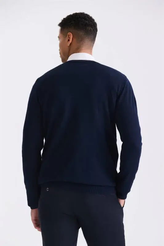 Navy Regular Fit Crew Neck Knitted Sweater - 4