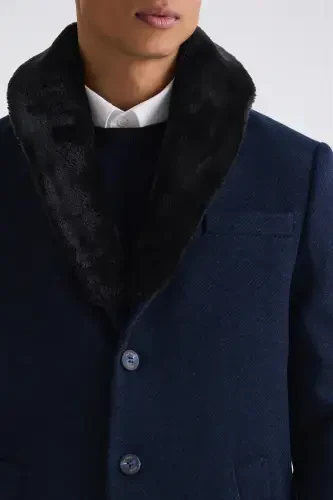Navy Regular Fit Detachable Collar Wool Cashmere Coat - 1