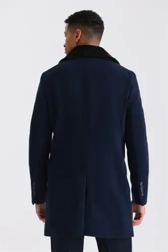 Navy Regular Fit Detachable Collar Wool Cashmere Coat - JAKAMEN (1)