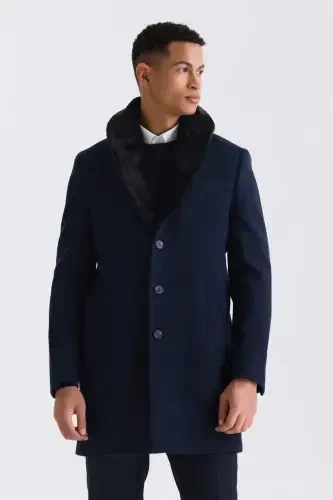 Navy Regular Fit Detachable Collar Wool Cashmere Coat - 3