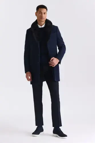 Navy Regular Fit Detachable Collar Wool Cashmere Coat - 4