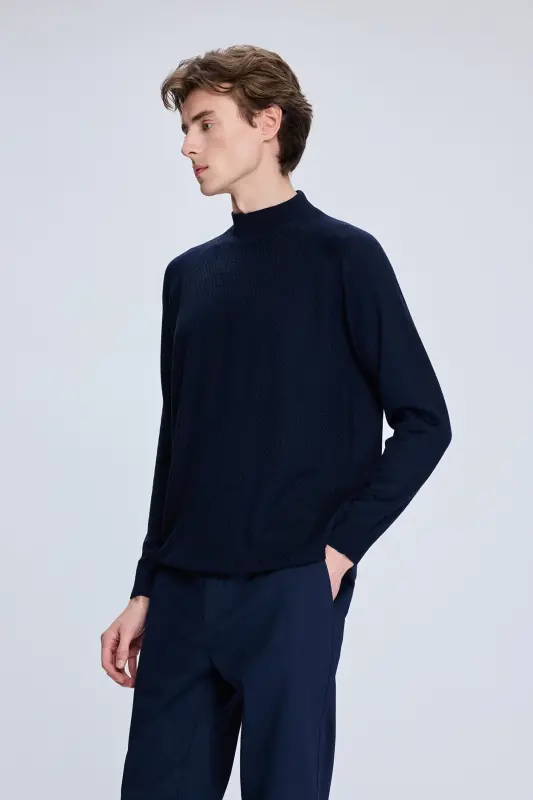 Navy Regular Fit Jacquard Half-Mock Neck Wool Sweater - Navy - 3