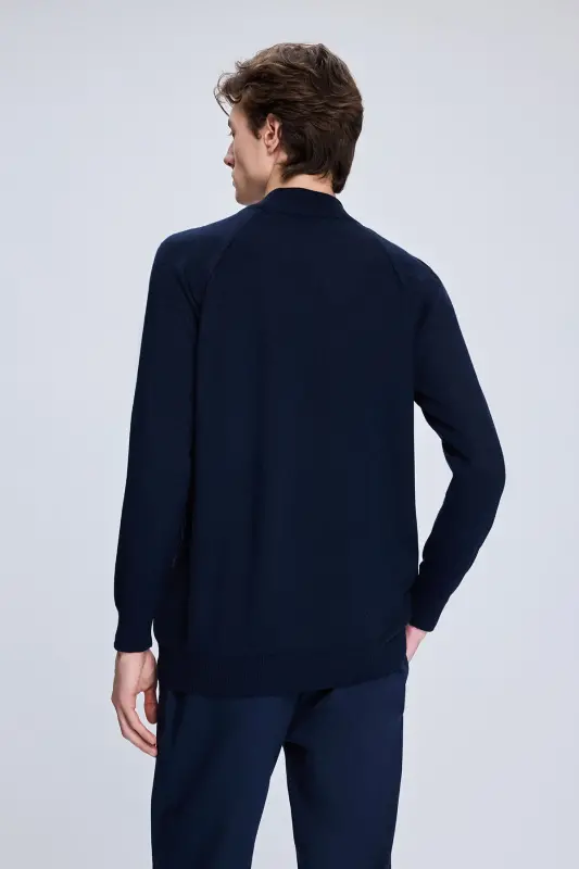 Navy Regular Fit Jacquard Half-Mock Neck Wool Sweater - Navy - 5