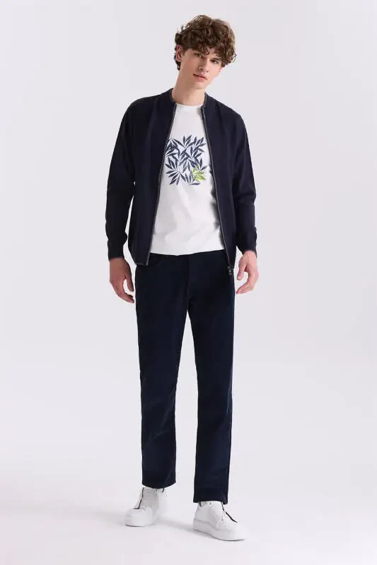 Navy Regular Fit Lycra Cotton Velvet Trousers - 2