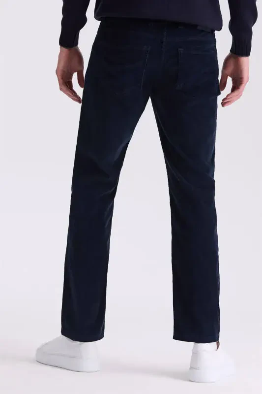 Navy Regular Fit Lycra Cotton Velvet Trousers - 4