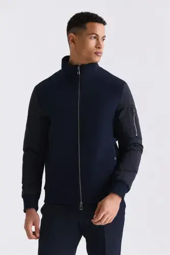 Navy Regular Fit Mandarin Collar Zip-Up Winter Jacket - 1