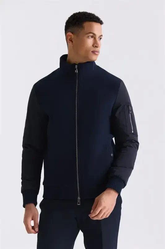 Navy Regular Fit Mandarin Collar Zip-Up Winter Jacket - 1